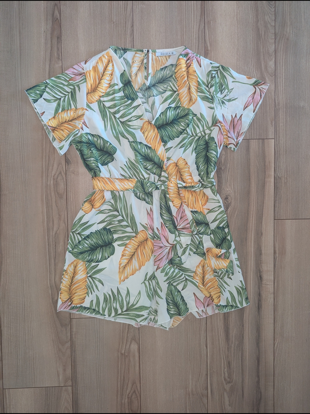 ReoRia White Tropical Leaf Romper with Green, Yellow & Pink